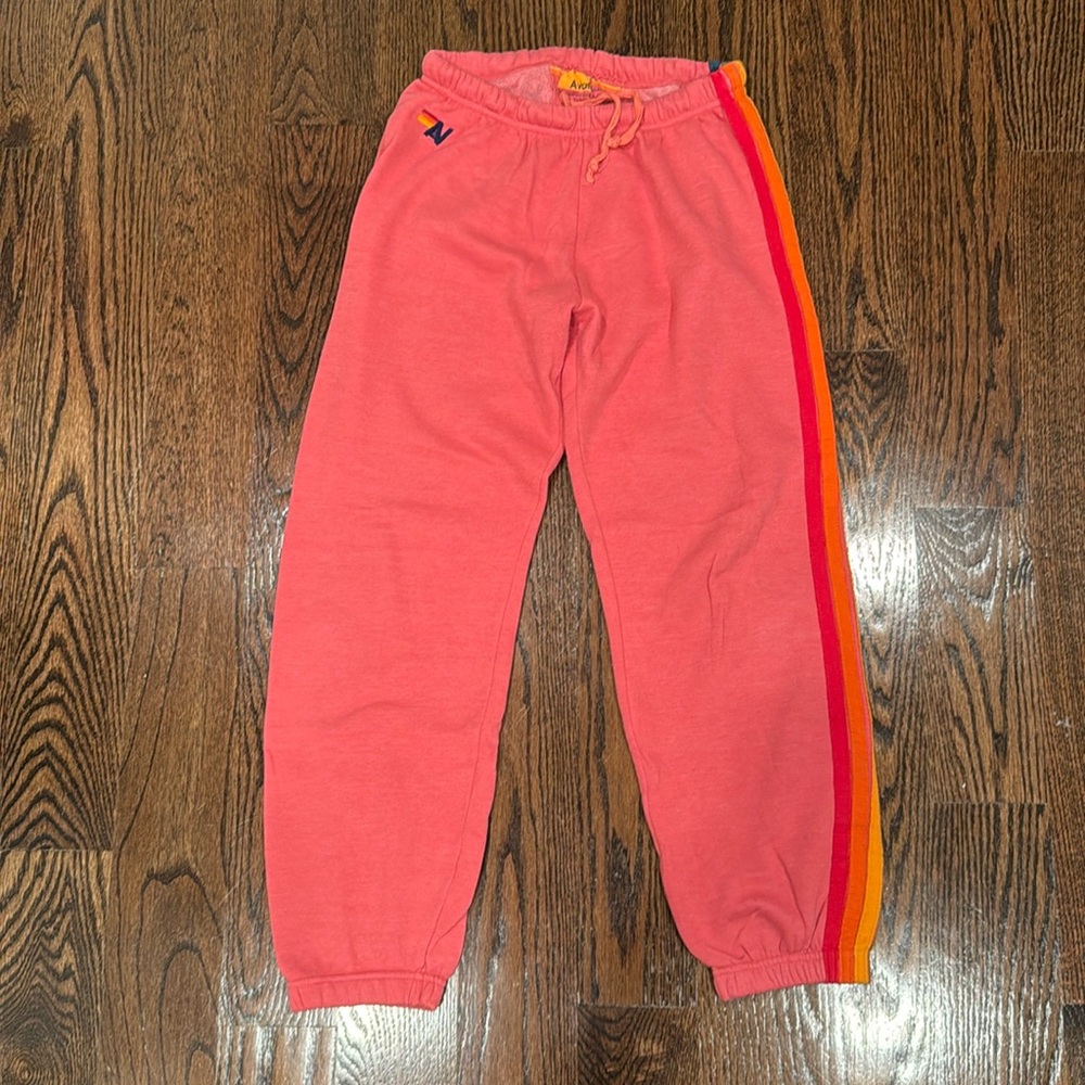 Aviator Nation sweatpants, size L. Washed red with rainbow stripe.